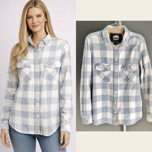 Roots Plaid Thick Casual Blue Long Sleeves Button Down Shirt Sweater Sweatshirt.